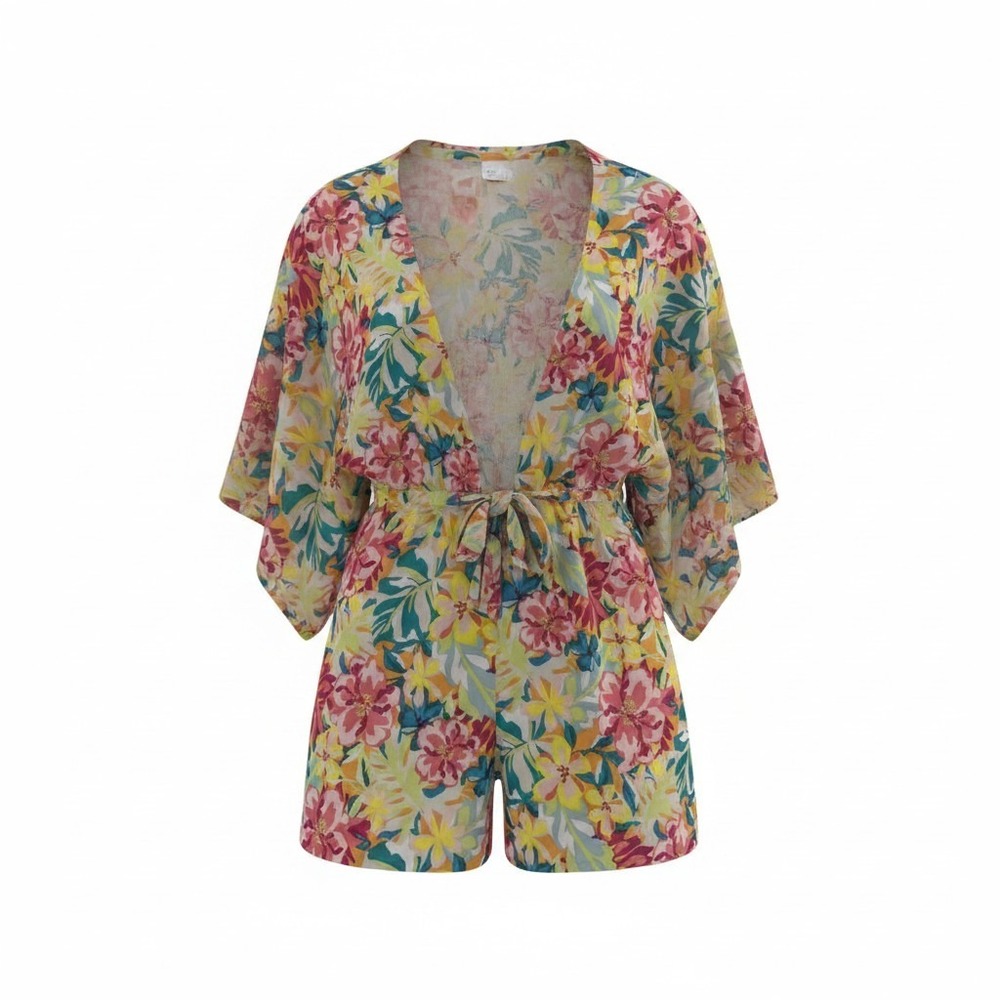 Floral Kimono Sleeve Romper V-Neck Tie Waist Tropical Print Multi-Color Size M